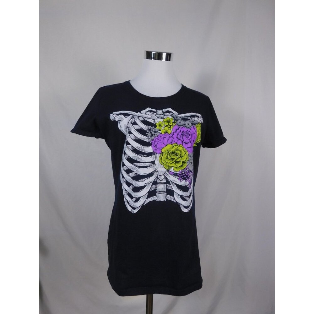 Michaels Shirt Womens Large Navy Graphic Skeleton Rib Cage Floral Goth Tee